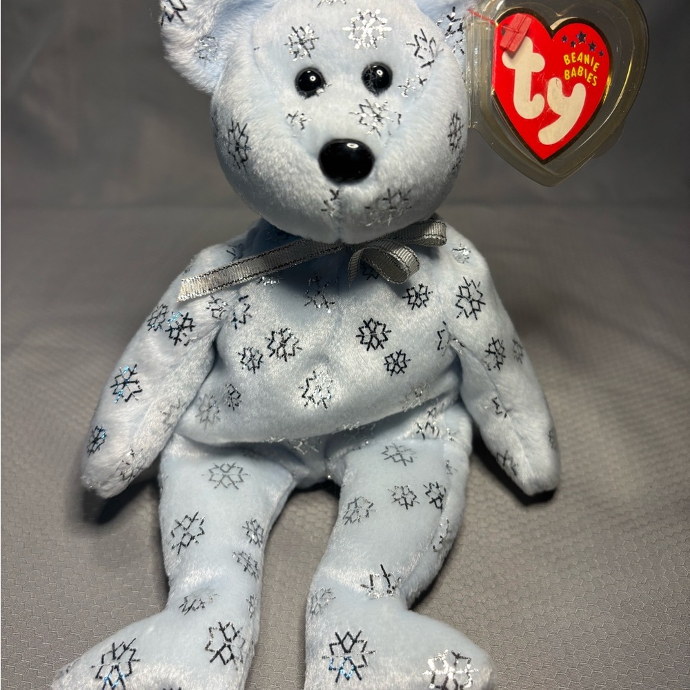 Ty Beanie Baby Flaky Bear - Baby Blue With Silver Snowflakes Pattern 2002